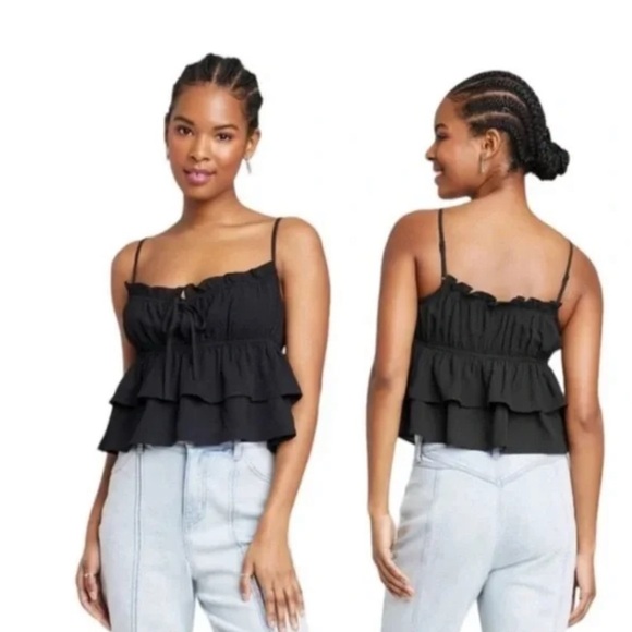 Wild Fable Black Cropped Ruffled Tie Front Camisole Size Medium - Picture 1 of 14